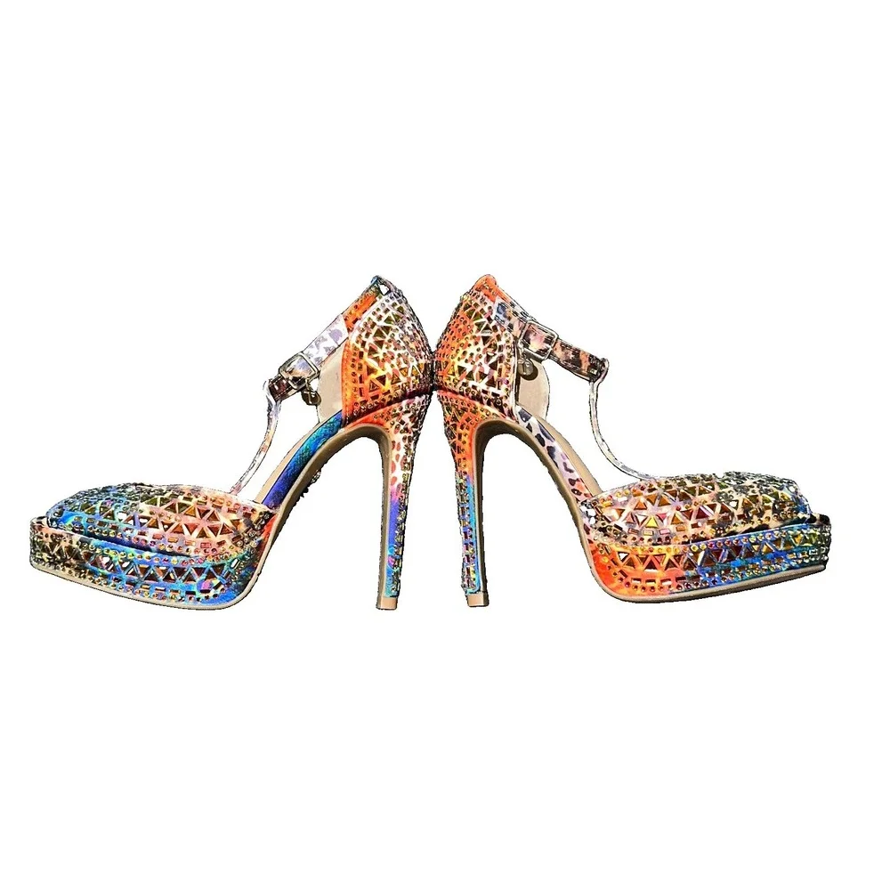 Thalia Sodi Chace Embellished T-Strap Heels Exotic Leopard Multicolor Sz 5